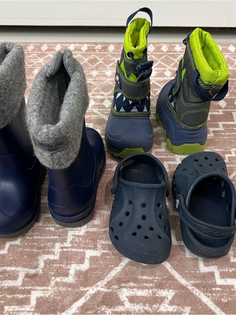 CROCS, Kids Navy and Lime Green Rain & Snow Boot Set. Stride Rite, Cat &Jack.